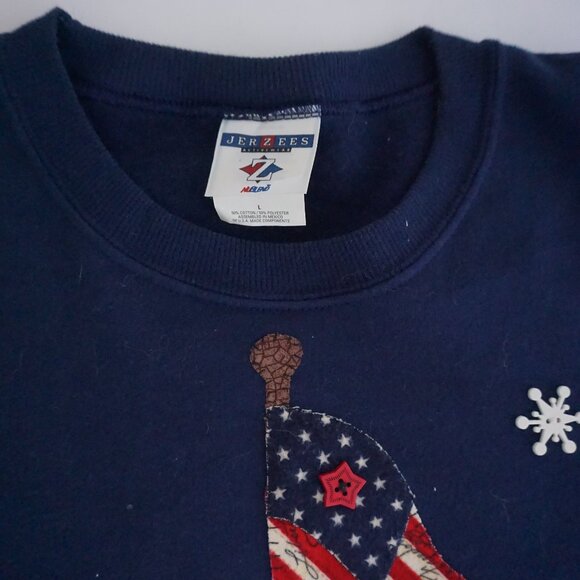 Vintage Jerzees Blue Sweater Snowman Flag Cotton Holiday Festive Snowflakes L - Picture 10 of 10